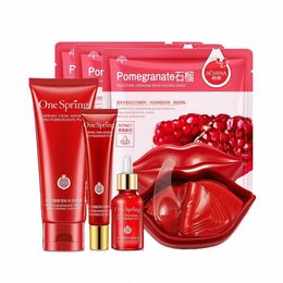 red Pomegranate SkinCare Set Whiten Freckle Removal Essence Firm Nourish Eye Cream Fade Lip Lines Lip Mask Oil Ctrol Cleanser Z5E3#