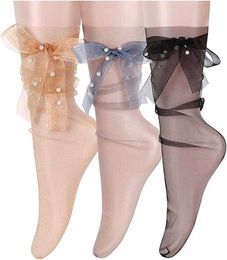 Wholesale Thin Lace Mesh Tulle Slouch Socks Girls Women Sheer Nylon with Ribbon Bow Pearls