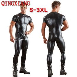Men's Polos S-3XL Plus size mens short sleeved sexy synthetic leather double zippered open crotch tight fitting clothes night club DS jumpsuit underwear L240320
