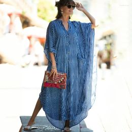 Party Dresses 2024 Causal Striped V-neck Button Front Open Summer Beach Dress Blue Cotton Tunic Women Plus Size Clothes Maxi N1097