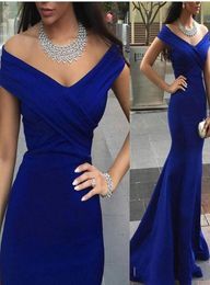 Charming Royal Blue Evening Prom Gowns Backless Formal Party Dresses 2019 Occasion Mermaid Off Shoulder Capped Celebrity Arabic Du3365962