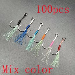 100pcs Fishing Lure Slow Jigging Cast Jigs Assist Hook Barbed Single Jig Hooks Thread Feather Pesca High Carbon Steel 240312