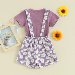 Clothing Sets Toddler Baby Girl Clothes Ribbed Short Sleeve T-Shirt Daisy Floral Suspender Overalls Shorts Set 2Pcs Summer Outfits