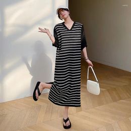 Casual Dresses Korean Sports Striped Patchwork Summer Short Sleeved V-neck Slimming T-shirt Dress