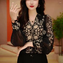 Women's Blouses 2024 Summer Pullovers Printed V-Neck Button Gauze Glass Double Wrinkle Silk Fashion Elegant Loose Long Sleeve Tops