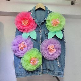 Women's Vests 2024 Spring Denim Vest Heavy Industry Large Flower Decorative Street Beaded Design Loose Y2k Waistcoat Top