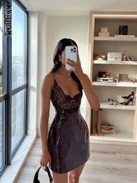 Lace Patchwork High Waist Pu Leather Short Sling Dress Women Square Neck Sleeveless Backless Dresses 2024 Sexy Party Streetwear 240309