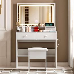 LECEVOCY LED Illuminated Mirror and Power Socket, Dressing Table Set with Storage Stool, 4 White Drawers for Bedroom