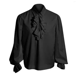 Men's Casual Shirts Mens Vintage Shirt Turn-Down Collar Ruffled Lantern Sleeve Loose Fit Elegant Clothes Solid Color Gothic Gentleman Tops