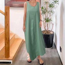 Casual Dresses Adjustable Straps Buttons Long Dress Round Neck Summer Qutfits Sleeveless Cover Up With Pocket