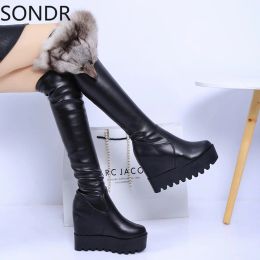 Boots Womens Real Fox Fur Over The Knee Boots Wedge High Heel Platform Shoes Warm Winter Stretchy Black Laides