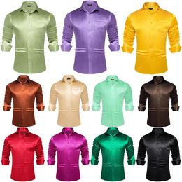 Men's Dress Shirts Solid Satin For Men Silk Green Black Yellow Red Long Sleeve Social Wedding Prom Clothing