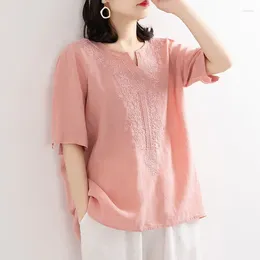 Women's Blouses Summer Vintage Embroidery Blouse Women Ethnic Style V Neck Cotton Linen Shirt Lady Short Sleeve Causal Loose Tops