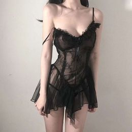 Fun Lingerie for Women, Sexy Large Size Transparent Black Mesh Seductive Perspective Pajamas, Uniform Set, No Need to Take Off