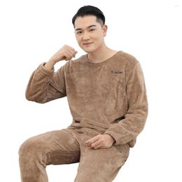 Men's Sleepwear Thickened Pyjamas Set Thick Fleece Winter Round Neck Long Sleeve Thermal Top Pants Resistant Homewear For Cosy