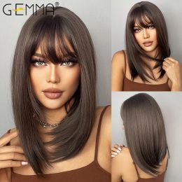 Wigs GEMMA Dark Brown BoBo Synthetic Wig with Bangs Shoulder Length Straight Wig for Women Cosplay Daily Hair Wig Heat Resistant Fibr