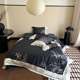 Bedding Sets 1000TC Egyptian Cotton Vintage Bamboo Leaves Embroidery Duvet Cover Bed Sheet Pillowcases 4Pcs Navy Blue Patchwork Set