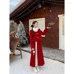 Work Dresses Chinese Style Girl Suit Women's Winter Cotton Thickened Woollen Jacket Traditional Skirt Two-piece Set Fashion Female Clothes