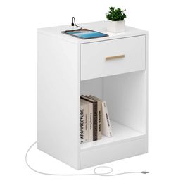 LAPTAIN Charging Station, End Table with Storage Drawers and Open Cabinet, Bedroom Bedside Table, White