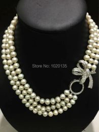 Sets one set 3rows freshwater pearl white near round 89mm nature necklace bracelet 1719inch FPPJ & zircon hook