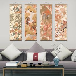 Calligraphy Japanese Ukiyoe Dyeing Scroll Painting Abstract Vintage Art Multicoloured Pattern Wall Picture Scroll Poster Wooden Frame