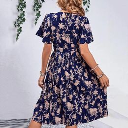 Casual Dresses Summer Floral Print Dress Women Midi A-line With Lace-up Detail High Waist For Round