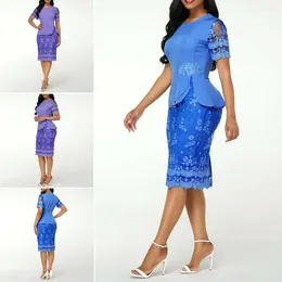 Casual Dresses Lace Midi Dress Elegant Embroidered Sheath With High Waist Knee Length Women's Round Neck