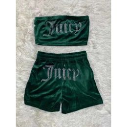 Juicy Womens Two Piece Pants Juicy Apple Velvet Sexy with Drill Fashion Tube Crop Top Casual Drawstring Shorts Set Loose Tracksuit Juciy Track Suit 818