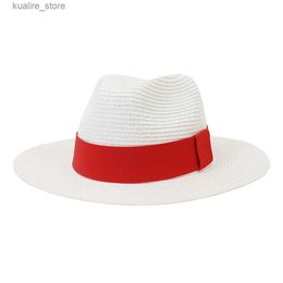 Wide Brim Hats Bucket Hats Fashion Summer Casual Unisex Beach Wide Brim Jazz Sun Hat Panama Hat Paper Straw Women Men Cap with Red Ribbon L240322