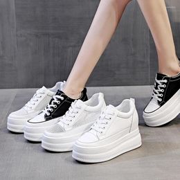 Casual Shoes Split Leather Women White Black Sneakers Spring Summer Breathable Mesh High Heels Woman Chunky