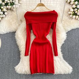 Casual Dresses Autumn And Winter Fashion Elegant Off Shoulder Sexy Knit Dress Women Elastic Slim Fit Short Sweater Knitted Bottom