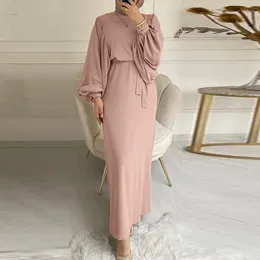 Casual Dresses Elegant Simple Lace-up Muslim Dress Long Sleeve Solid Colour Sundress Robe Modest