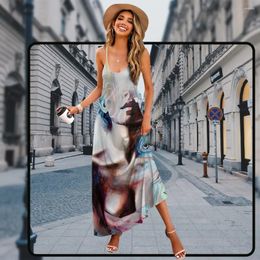 Casual Dresses 2024 Summer Women's Sexy U Neck Camisole Long Chic Portrait Hand-Painted Printed Slim Fit Dress Ladies Clothing