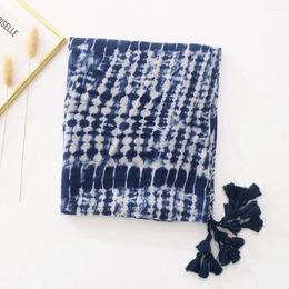 Scarves Printing Shawl Ethnic Style Scarf Blue White Bandhnu Cotton Linen Large Neck Wraps Wrap Print Tassel Student