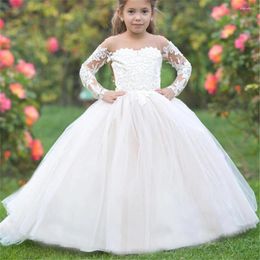 Girl Dresses Customised Flower Dress Lace Applique Sheer Long Sleeve First Communion Princess Dressholy For Birthday Wedding Guest