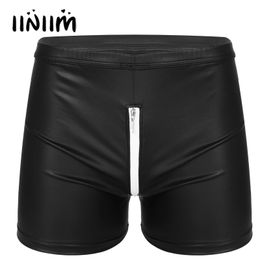 Mens Zipper Crotch Faux Leather Boxers Shorts Low Rise Elastic Waistband Shorts Nightclub Party Stage Performance Rave Costume 240315