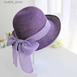 Wide Brim Hats Bucket Hats Summer Womens Straw Hat Rolled Edge Bow Breathable Sunscreen Large Eaves Hundred Sun Hat Shading Sun Beach Seaside Foldable L240322