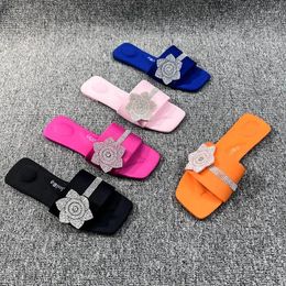 Slippers Women Luxury Rhinestone Flower Fashion Outdoor Casual Flat Sandals Female Square Toe Flip Flops Beach Holiday Slides