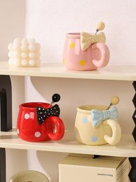 Mugs Cute Bow Girl's Ceramic With Spoon High-Grade Sense Wave Point Coffee Cup Home Use Breakfast Milk Mug Friend Gift