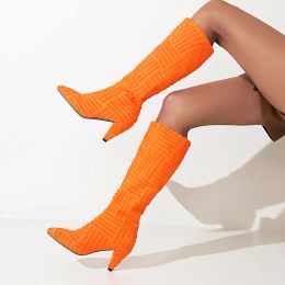 Boots Ochanmeb Big Plus Women's Spike Heels Kneehigh Boots Novelty Towel Fabric Green Orange Pointy Toe Slipon Knee High Boots Winter