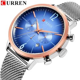 CURREN Fashion&Casual Chronograph Sport Mens Quartz Watches Mesh Steel Band Wrist Watch Display Date Clock Relogio Masculino269T