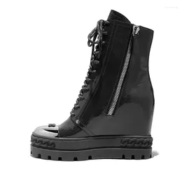 Casual Shoes Fashion Black Leather High Top Metal Round Toe Sneaker Thick Sole Inner Wedge Height Increasing Lace Up Zipper Ankle Booties