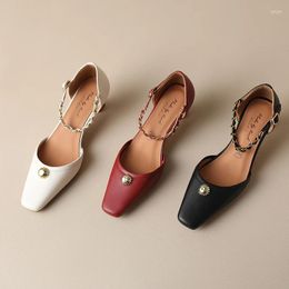 Dress Shoes 2024 Women Sandals Natural Leather 22-25cm Cowhide Pigskin Metal Chain Buckle Mary Jane Fashion Summer