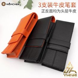 Wancher Genuine Leather Fountain Pen Case Cowhide 3 Pens Holder Pouch Sleeve Pencil Bag Office Accessories 240311