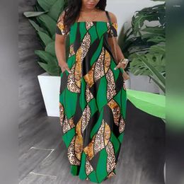 Casual Dresses Wide Waist Printed Dress Colorful Digital Print Off Shoulder Maxi With Pockets For Women Plus Size Soft Lady
