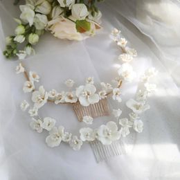 SLBRIDAL Handmade s Porcelain Flowers Pearls Bridal Hair Comb Wedding Headdress Accessorie Jewelry 240311