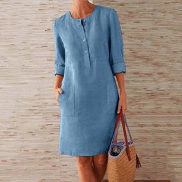 Casual Dresses For Women 2024 Round Neck Knee-Length Linen Dress Boho Loose With Buttons Vintage High Waist A Line