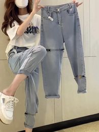 Women's Jeans Y2k Pear-shaped Body Slightly Fat Wear A Big Size Ripped Nine-point Children Harlan Daddy Pants High Waist Summer Thin Sty