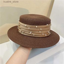 Wide Brim Hats Bucket Hats Japanese-style Elegant Pearl Ribbon Straw Hat Womens Spring Summer Sunscreen Flat Cap Plain Seaside Holiday Pot Hat Tide L240322