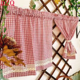 Curtains Rod Pocket Cotton Linen Korean Sweet Red Plaid Short Curtains for Kitchen Plaid Lace Half Curtain for Door Home Decoration #A420